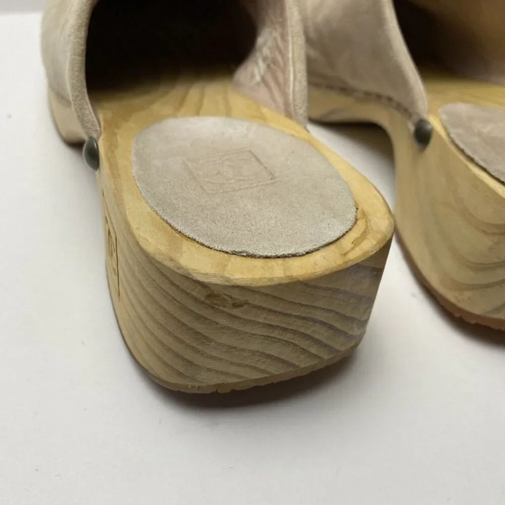 CHANEL Beige Suede Wooden Platform Clogs Size 37